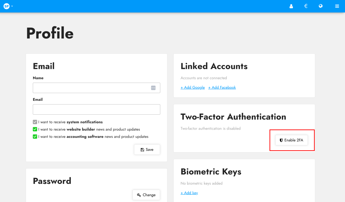 2FA profile in Site.pro settings